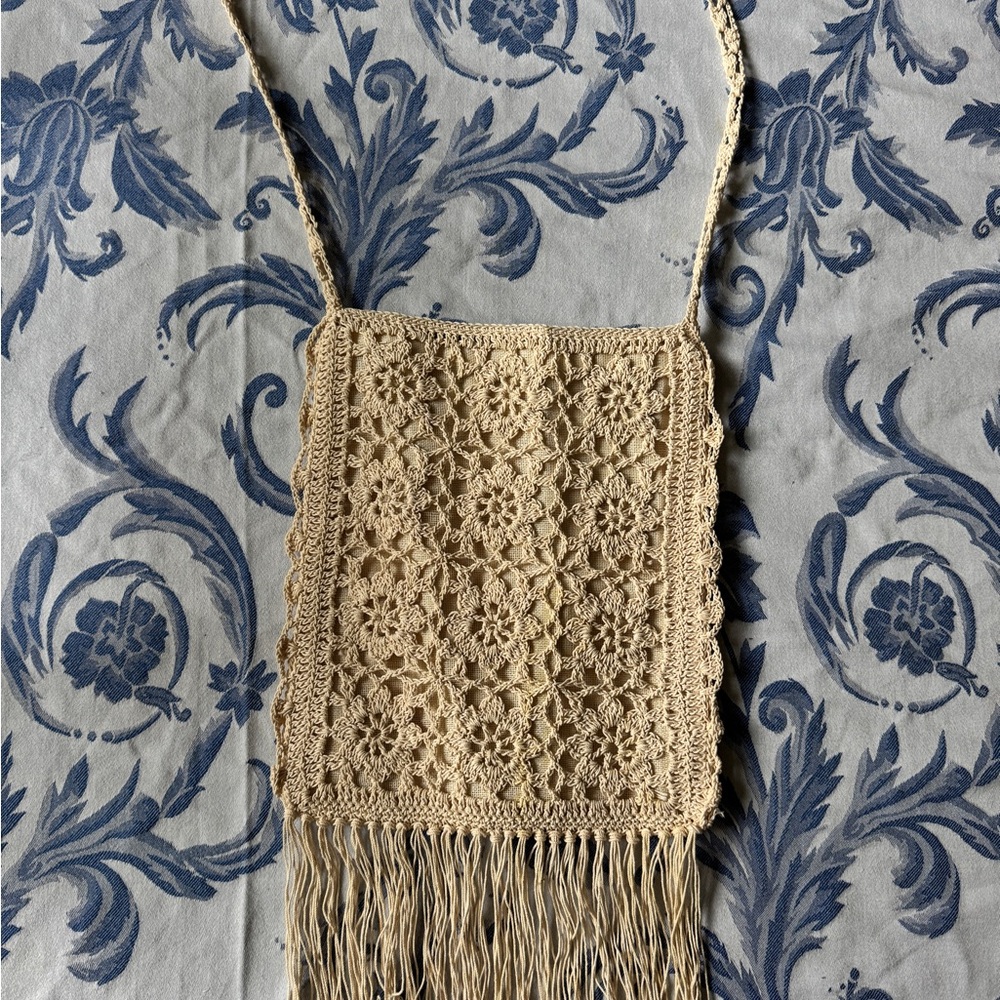 Vintage Cream Crochet Fringe Bag